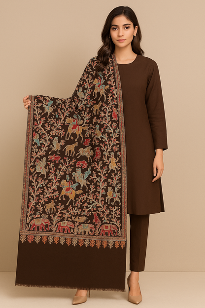 Handcrafted Pashmina Shawl with Royal Embroidery  Chocolate Brown