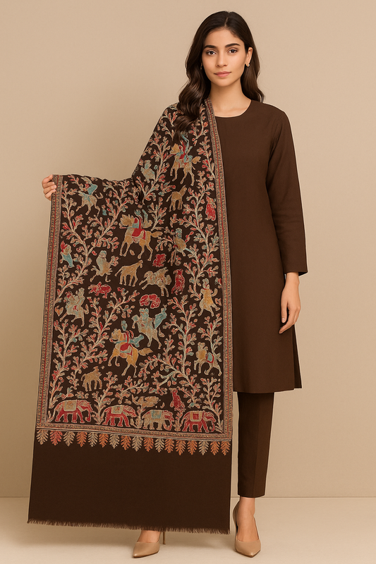 Handcrafted Pashmina Shawl with Royal Embroidery  Chocolate Brown