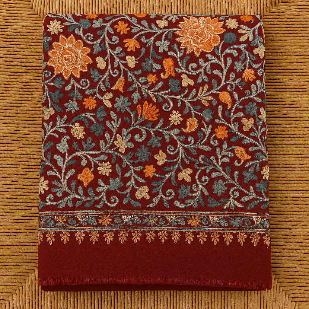 Maroon Pashmina Shawl with Kashmiri Floral Embroidery