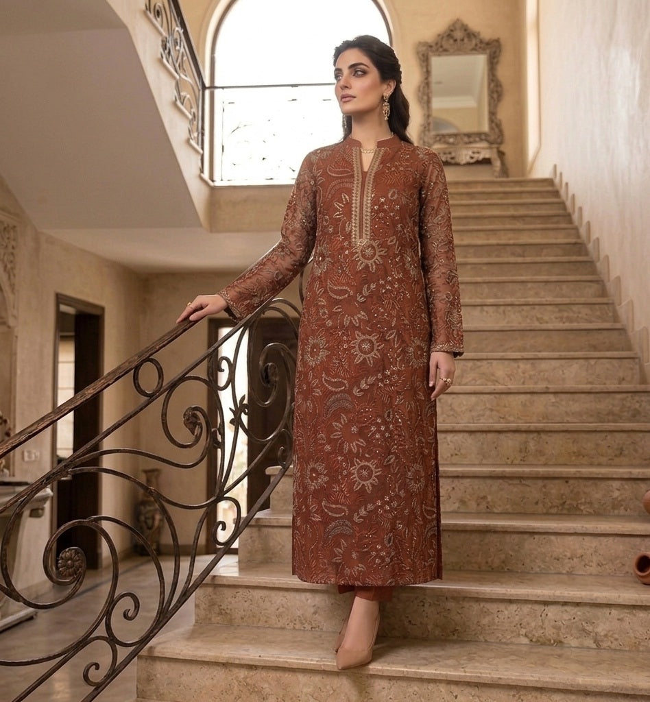 Rust Terracotta Laser-Cut Embroidered Net Shirt with Pure Chiffon Dupatta