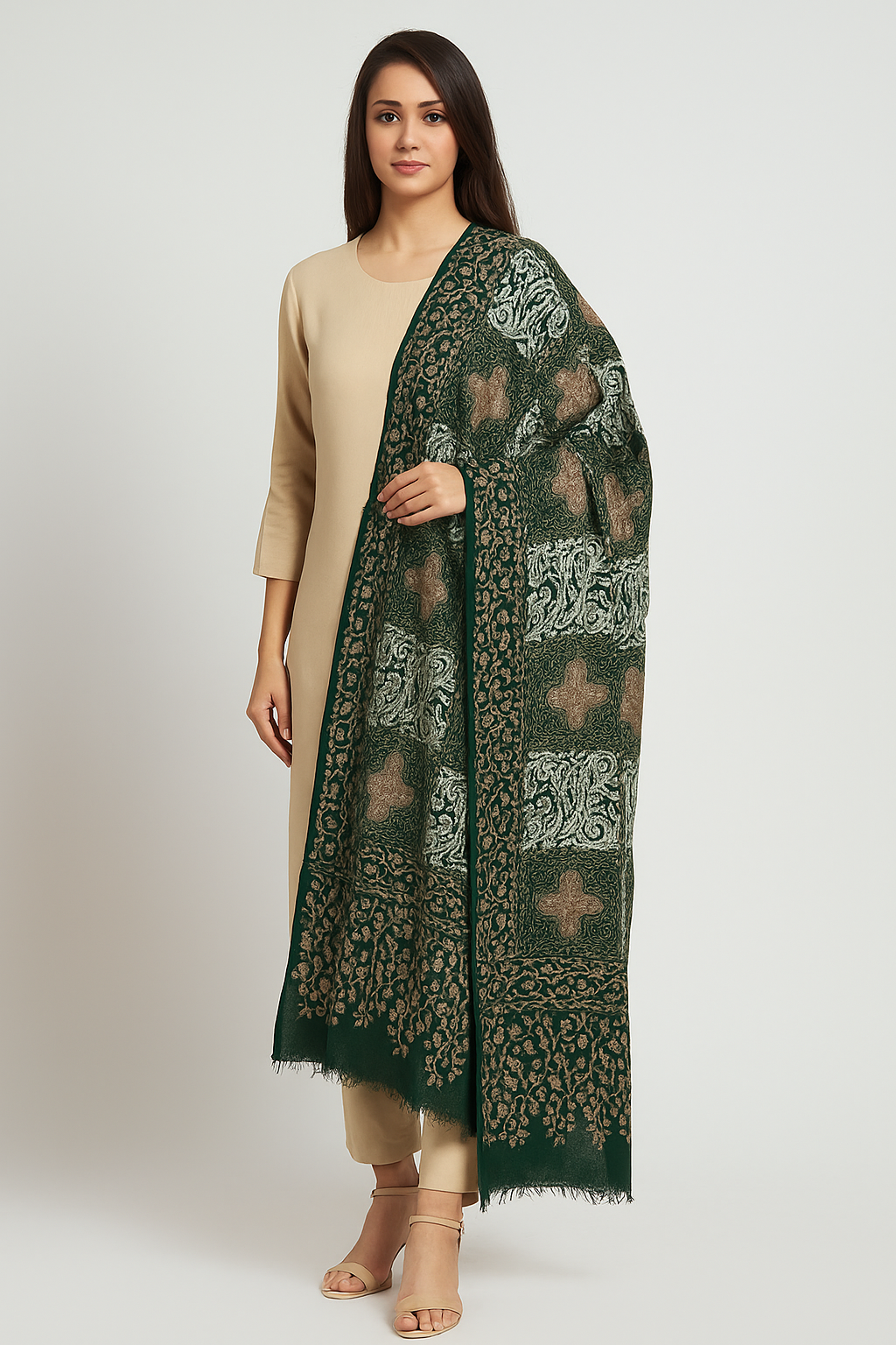 Emerald Green & Beige Aari Embroidered Pashmina Shawl