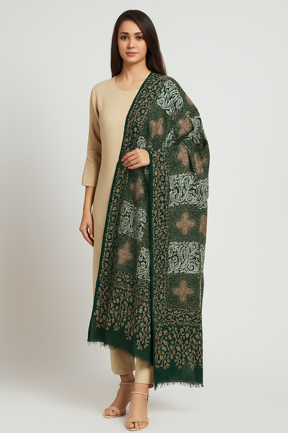 Emerald Green & Beige Aari Embroidered Pashmina Shawl