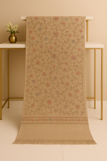 Luxury Shadow Work Embroidered Pashmina Shawl – Beige