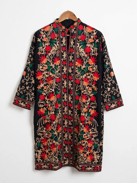 Luxurious Kashmiri Aari Embroidered Jacket - Authentic Pashmina-blue Wool Blend Coat