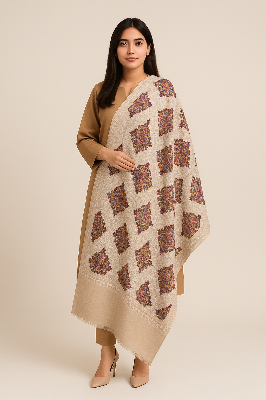 Luxury Pashmina Aari Embroidered Shawl  Ivory Beige with Multicolor