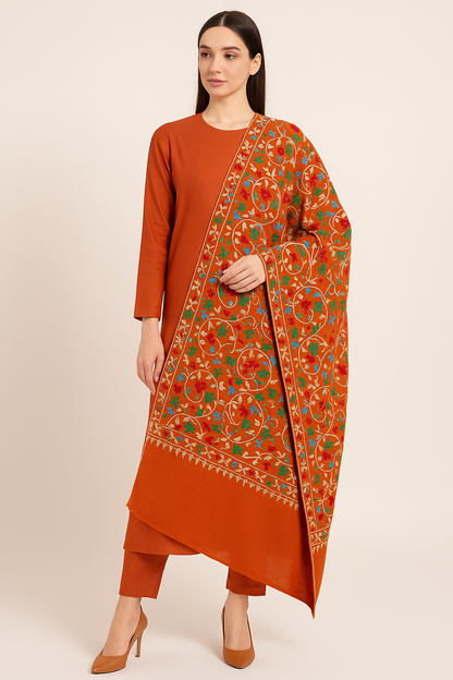 Orange Pashmina Aari Embroidery Shawl  Handcrafted Luxury Wrap