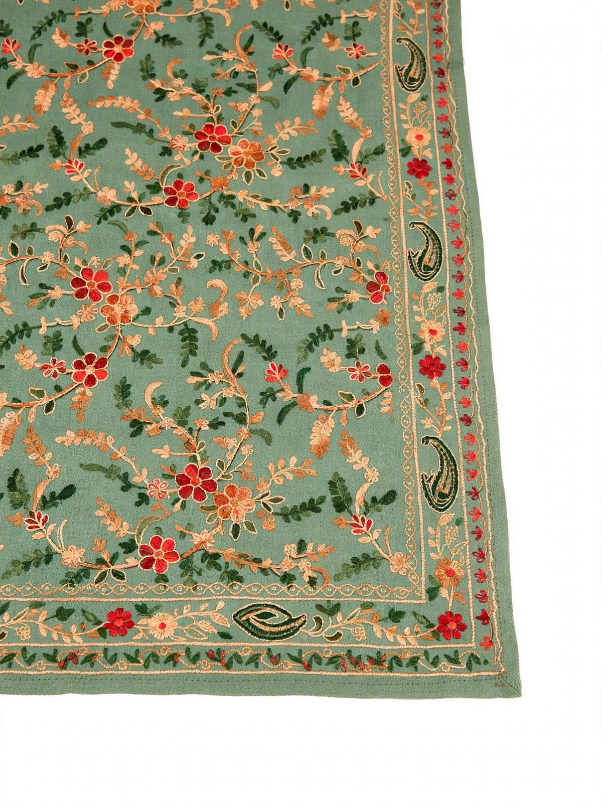 Sage Green All-Over Embroidered Pashmina Shawl - Kashmiri Aari Jaal Work