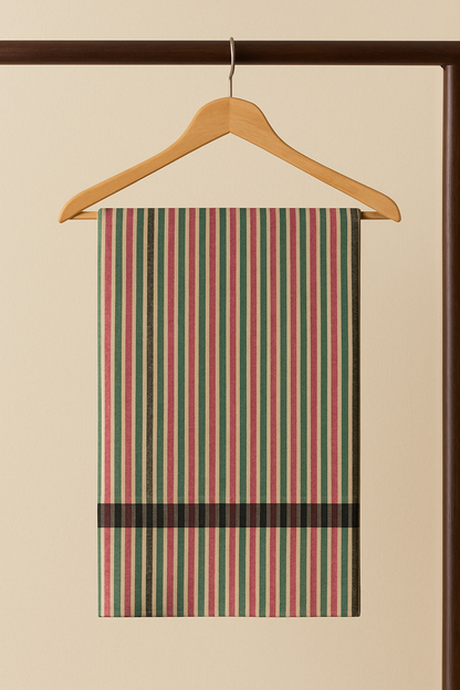 Classic Striped Printed Pashmina Shawl Red & Green on Beige