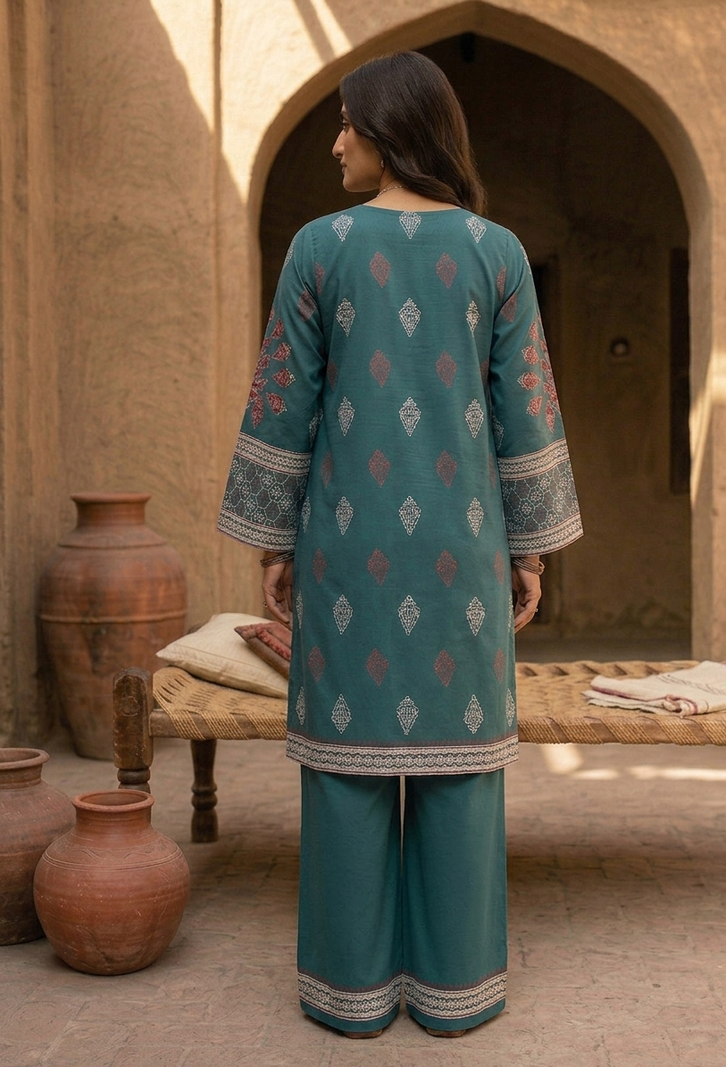 Pure Lawn Hand-Block Printed Ensemble with Embroidered Organza Dupatta