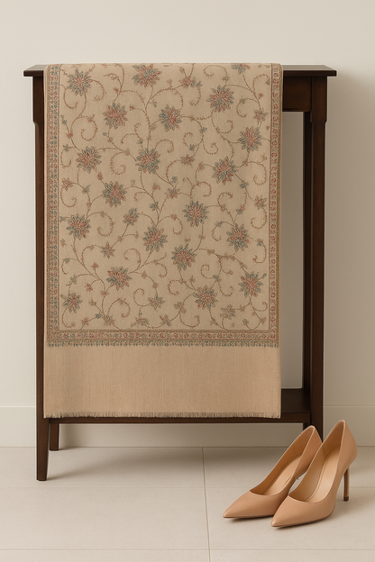 Elegant Beige Pashmina Shawl with Intricate Needle Embroidery