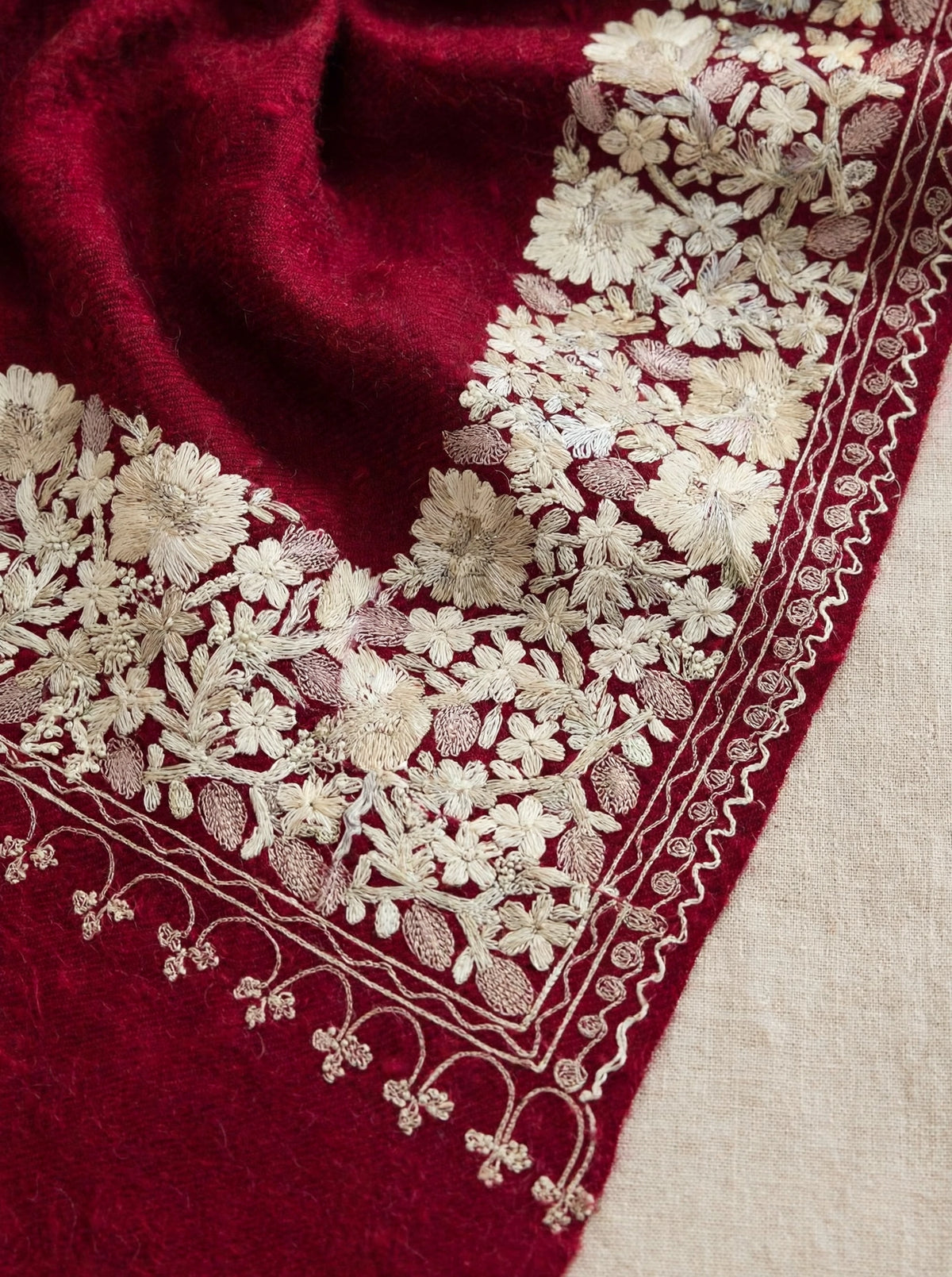 Burgundy Royal Embroidered Pure Pashmina Shawl with Ivory Floral Aari Work