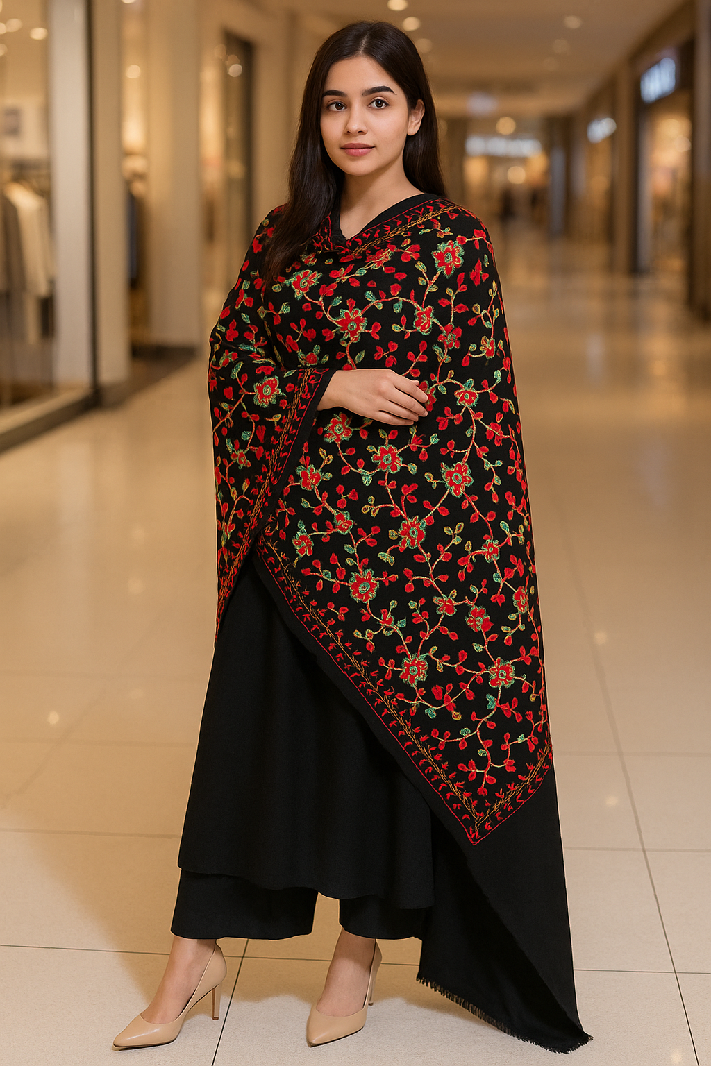 Luxury Black Pashmina Shawl – Hand Embroidered Floral Grandeur