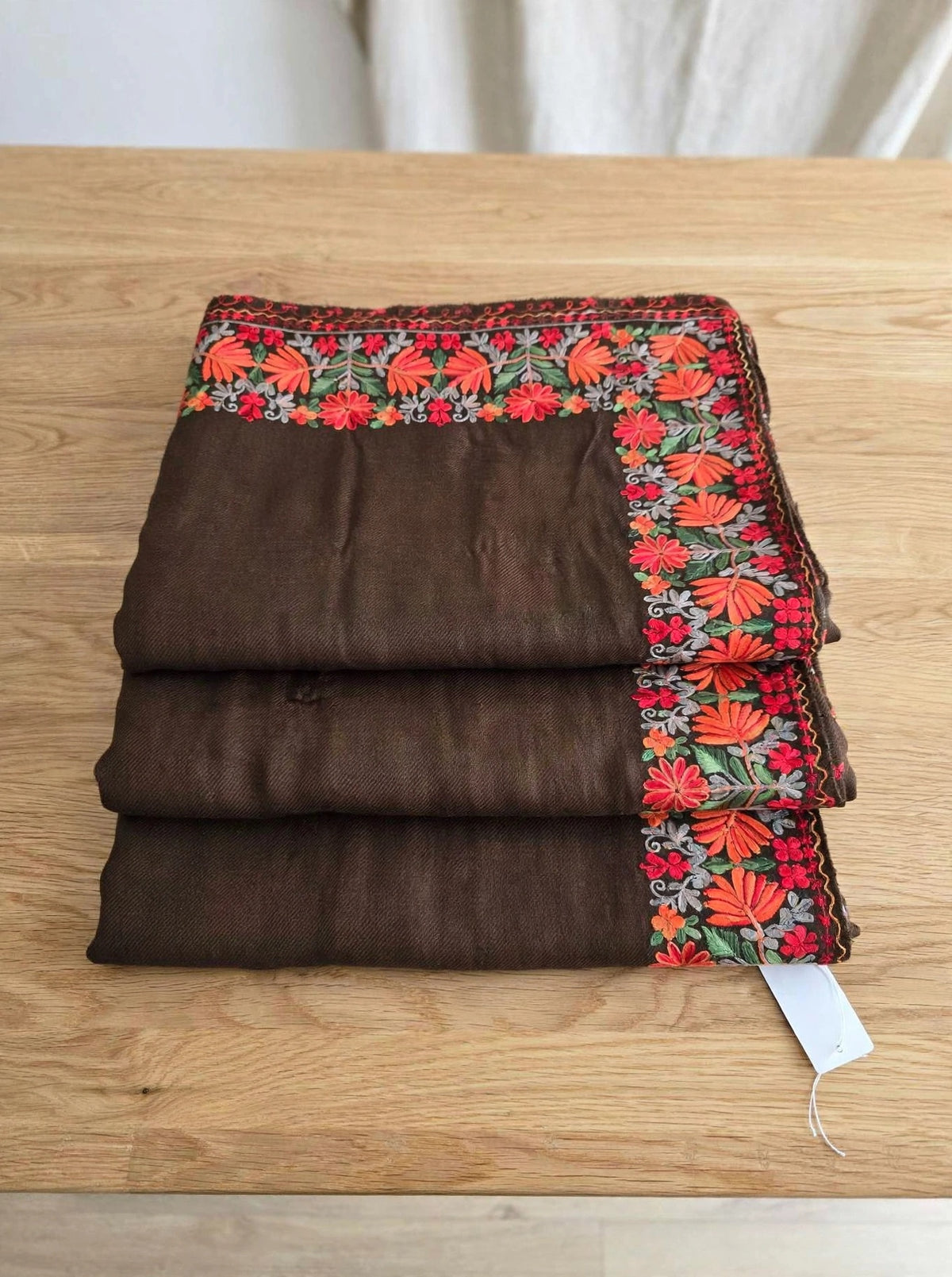 Noor - Mocha Brown Pure Pashmina Aari Embroidered Border Shawl