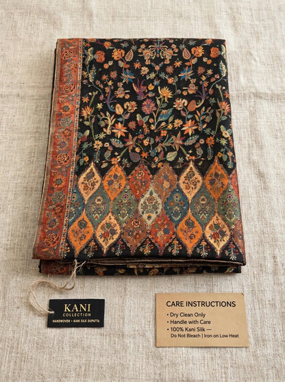 Heirloom Black Floral Kani Silk Dupatta - Pure Handwoven Kashmiri Luxury
