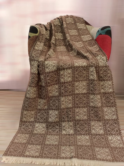 Warm Brown Wool Stoler with Geometric Pattern & Fringed Edges