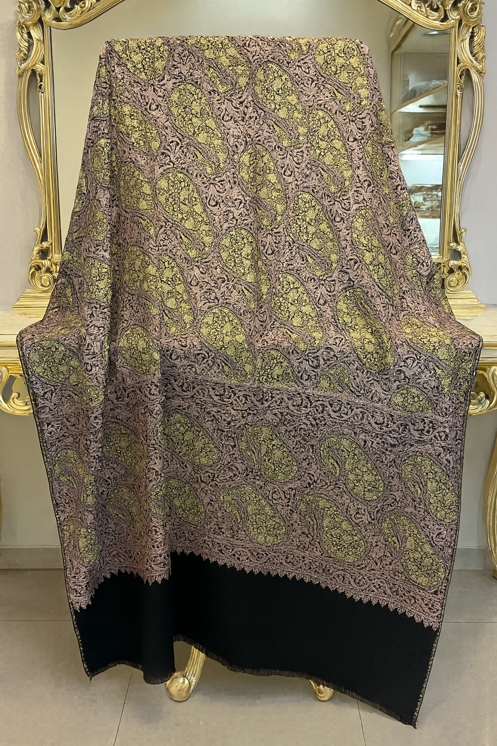Luxury Pashmina Shawl  Golden Paisley on Lavender Base with Solid Black Border