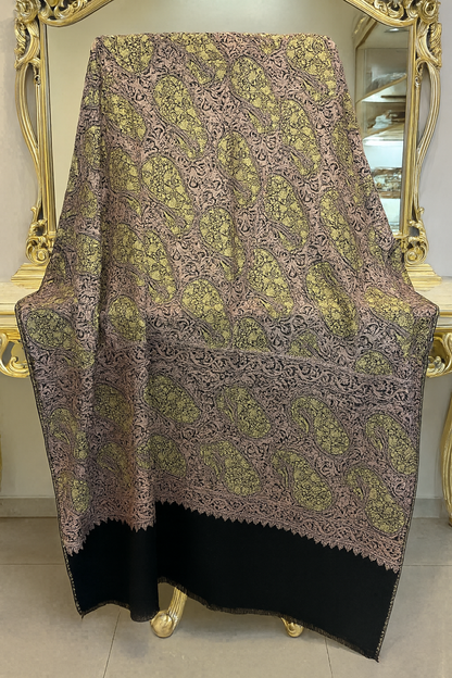 Luxury Pashmina Shawl  Golden Paisley on Lavender Base with Solid Black Border