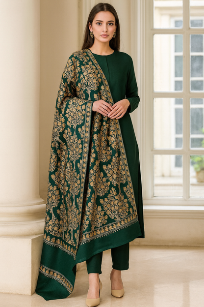Elegant Tree Motif Embroidered Pashmina Shawl Deep Emerald Green
