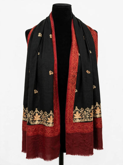 Noor-e-Chinar - Black & Maroon Gold Embroidered Pashmina Shawl Authentic Kashmiri Booti Shawl
