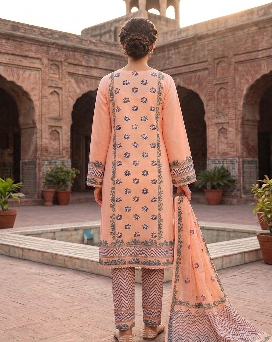 Peach Hand Block Printed Lawn Suit