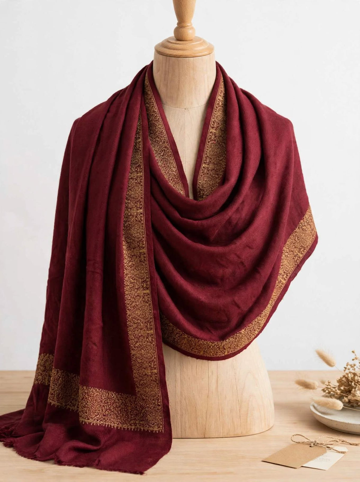 Maroon Gold Embroidered Pashmina Shawl - Luxury Wool Wrap