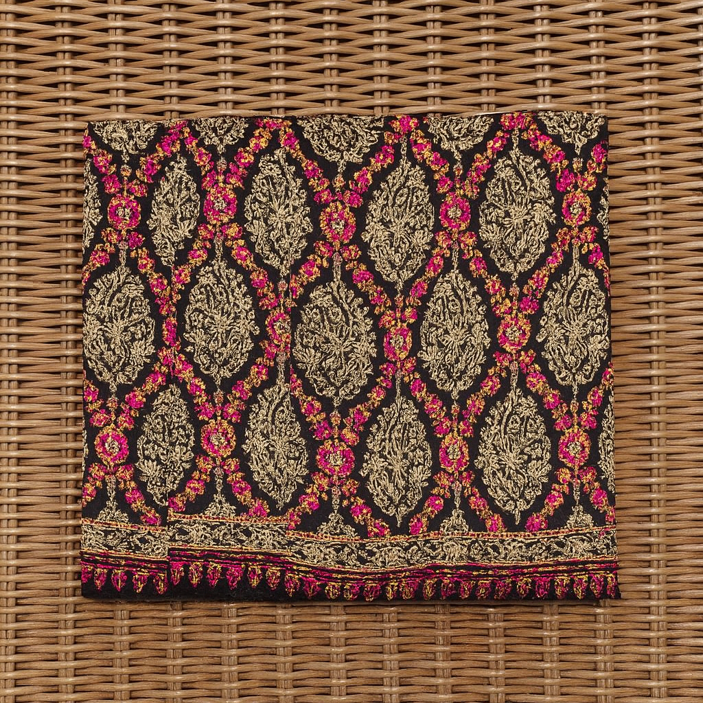Luxury Pashmina Shawl – Golden & Pink Hand Embroidery on Black