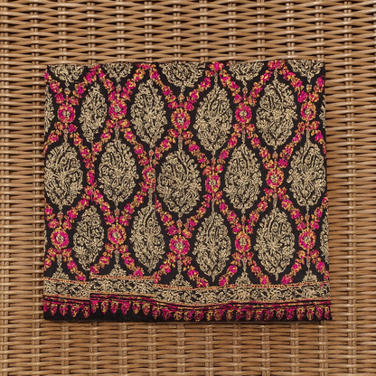 Luxury Pashmina Shawl – Golden & Pink Hand Embroidery on Black