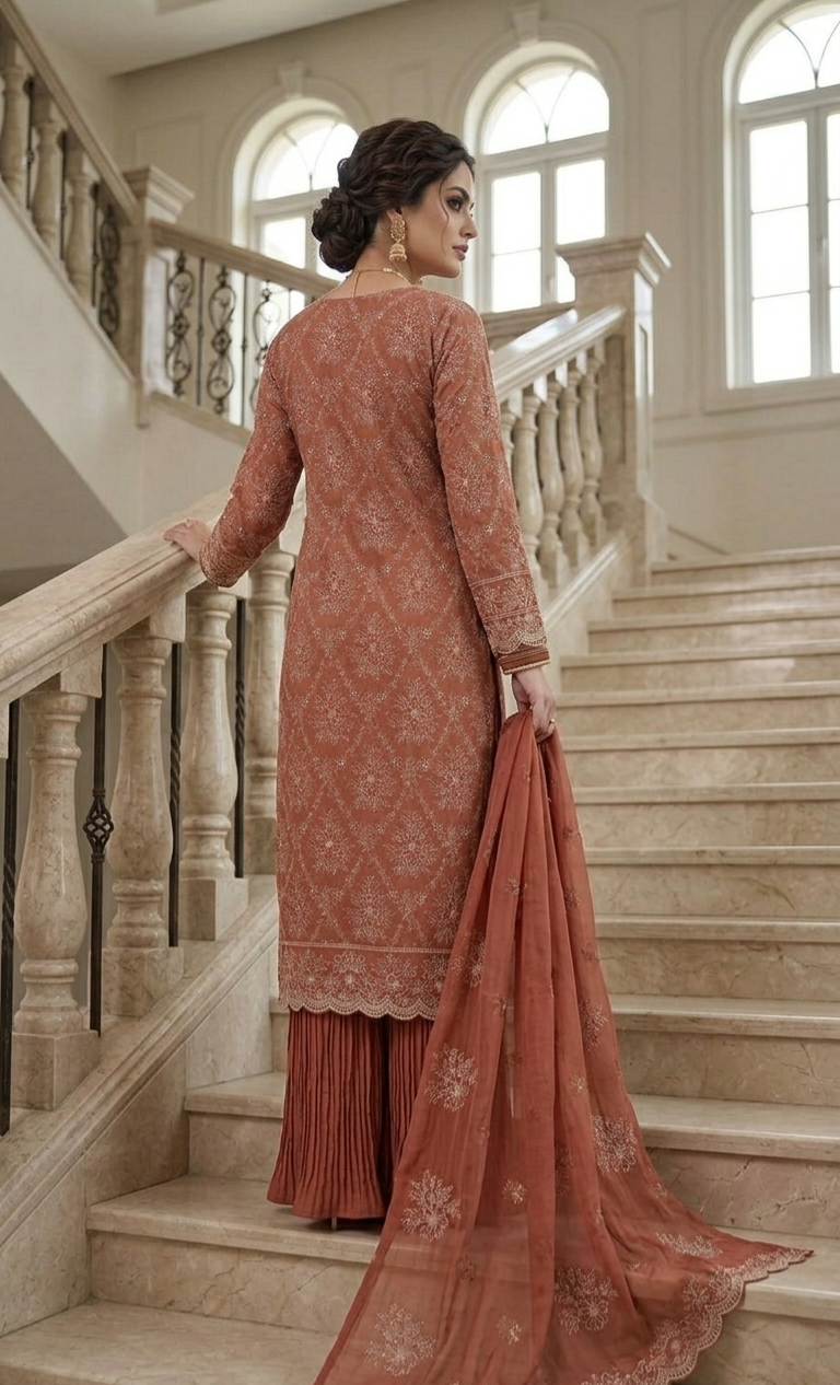 Timeless Elegance: Rust Chiffon Laser-Cut Embroidered Ensemble
