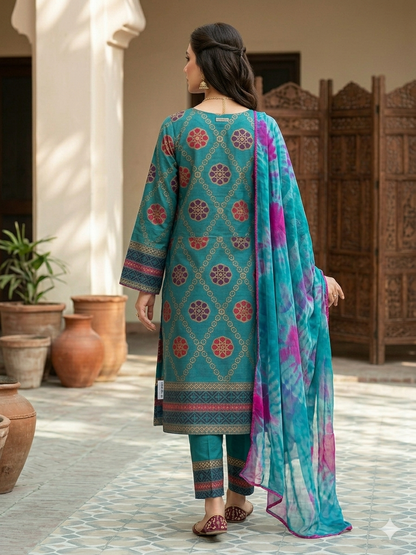 Elegant Teal Kattan Silk Hand-Block Printed Suit