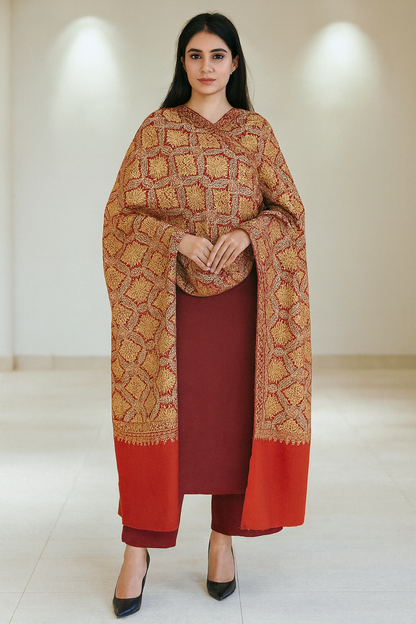 Luxury Red & Gold Handwoven Pashmina Shawl