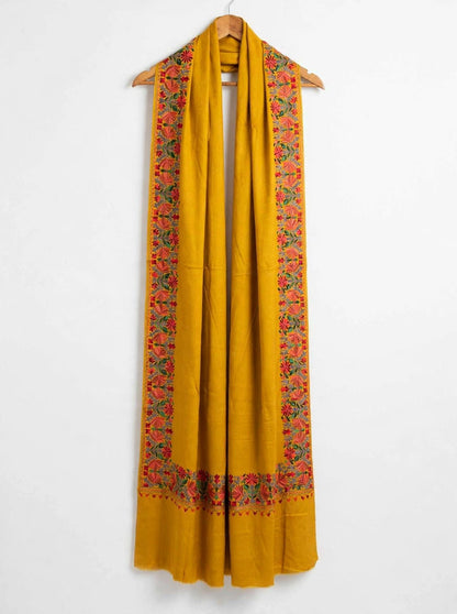 Mustard Bloom -Embroidered Pure Pashmina Shawl with Kashmiri Aari Border