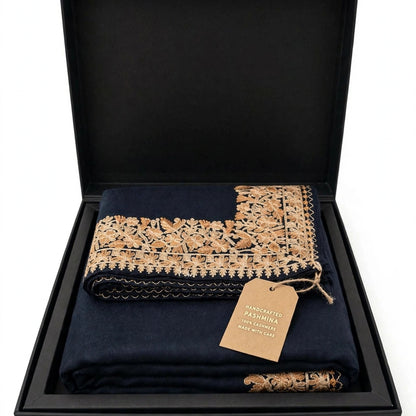 Midnight Navy Pure Pashmina Shawl with 4-Side Heavy Aari Embroidery Border - Beige Floral