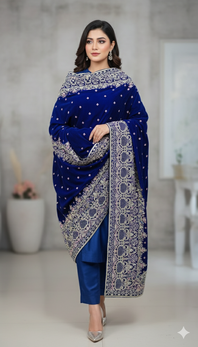Royal Blue Velvet Embroidered Shawl