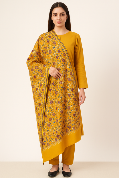 Mustard Pashmina Shawl with Traditional Kalamkar Embroidery