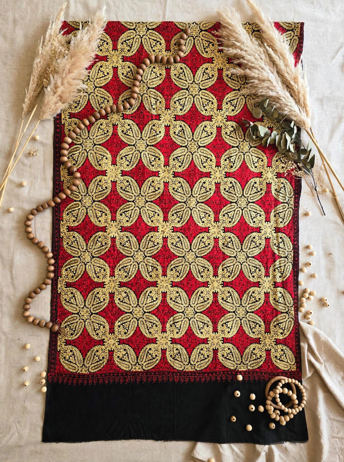 Traditional Kashmir Pashmina Shawl  Crimson & Gold Tilla Embroidery Wrap