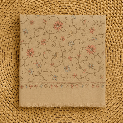 Luxury Shadow Work Embroidered Pashmina Shawl – Beige