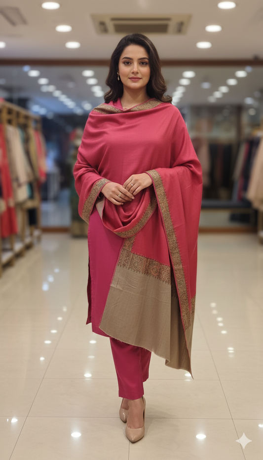 Rosewood Pink Pashmina Shawl with Golden Border