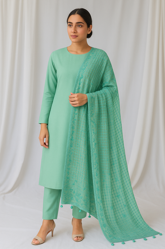 Aqua Green Lawn Embroidered Dupatta
