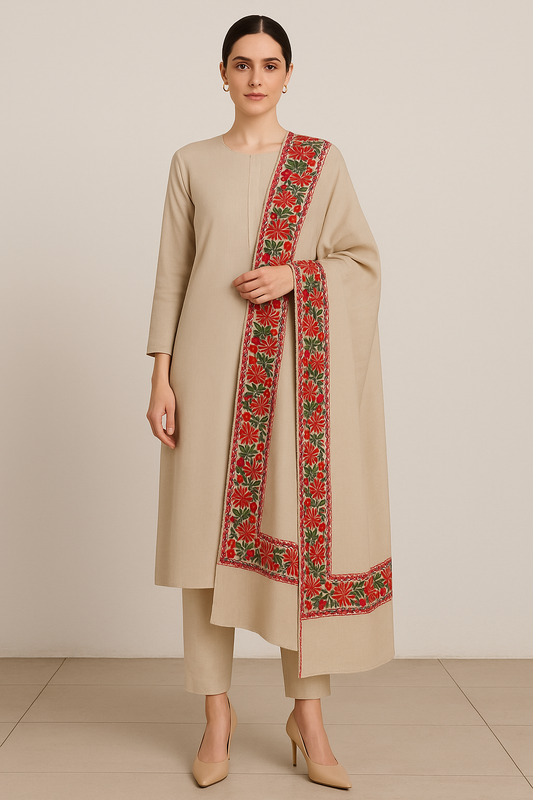 Elegant Pashmina Shawl with Aari Embroidery  4 Side Floral Border