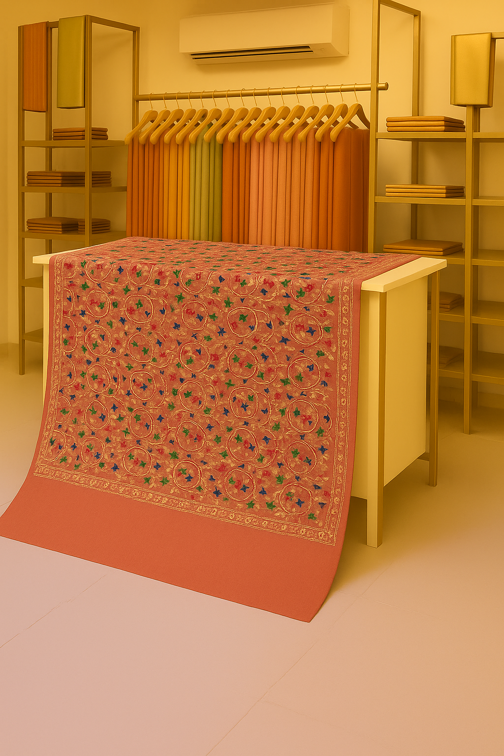 Premium Aari Embroidered Pashmina Shawl Multicolor Floral on Terracotta Base