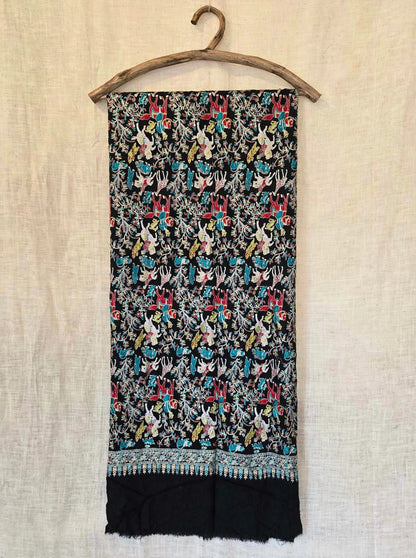 Black Shikargah Kani Pashmina Shawl  Multicolor Hunting Scene Embroidered Wool Shawl