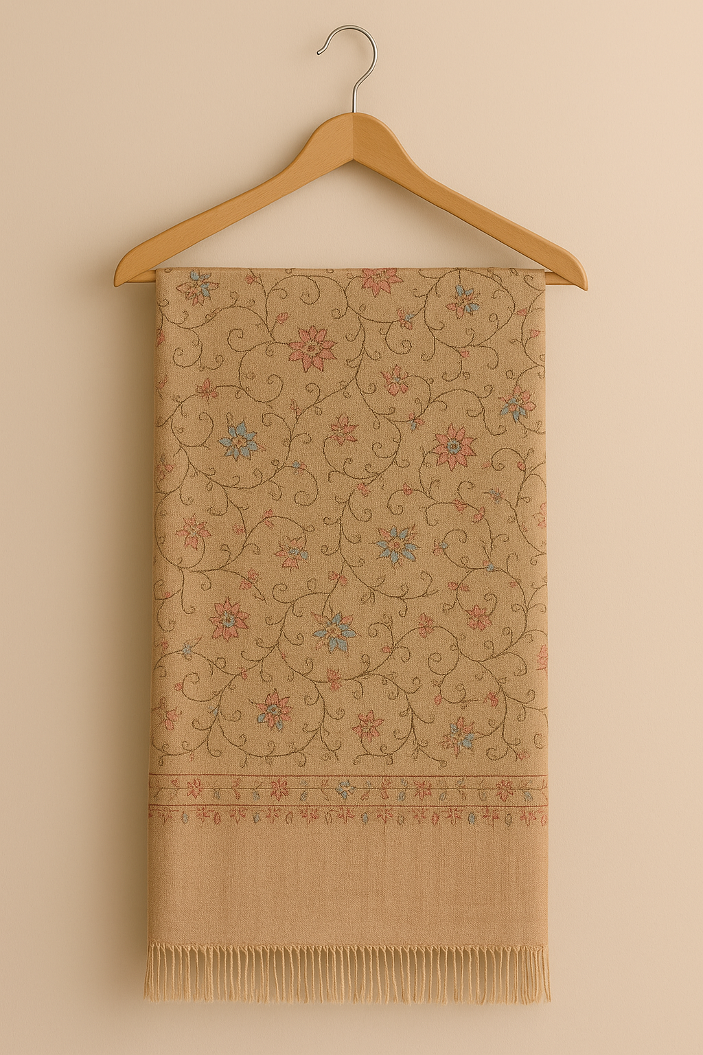 Luxury Shadow Work Embroidered Pashmina Shawl – Beige