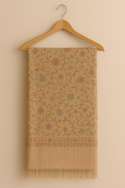 Luxury Shadow Work Embroidered Pashmina Shawl – Beige