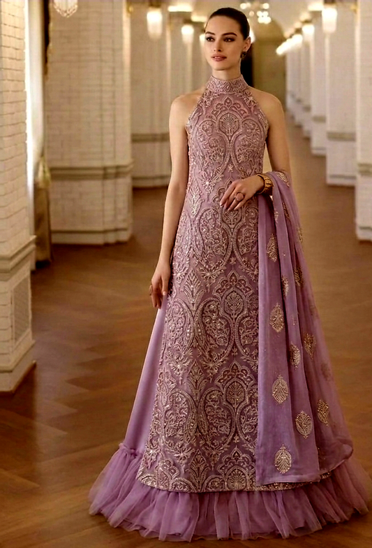 Ethereal Lavender Laser-Cut Net Embroidered 3-Piece Unstitched Suit with Chiffon Dupatta