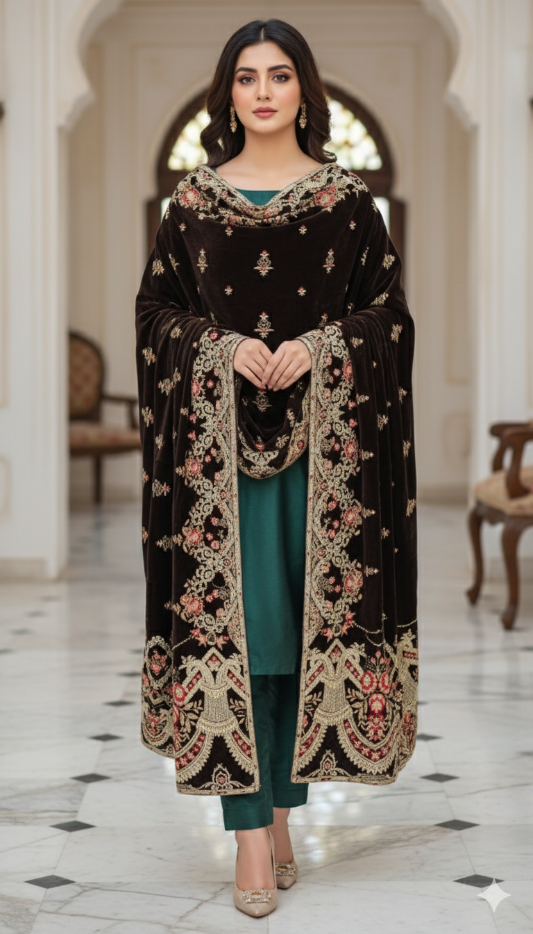 Brown Heavy Embroidered Velvet Shawl