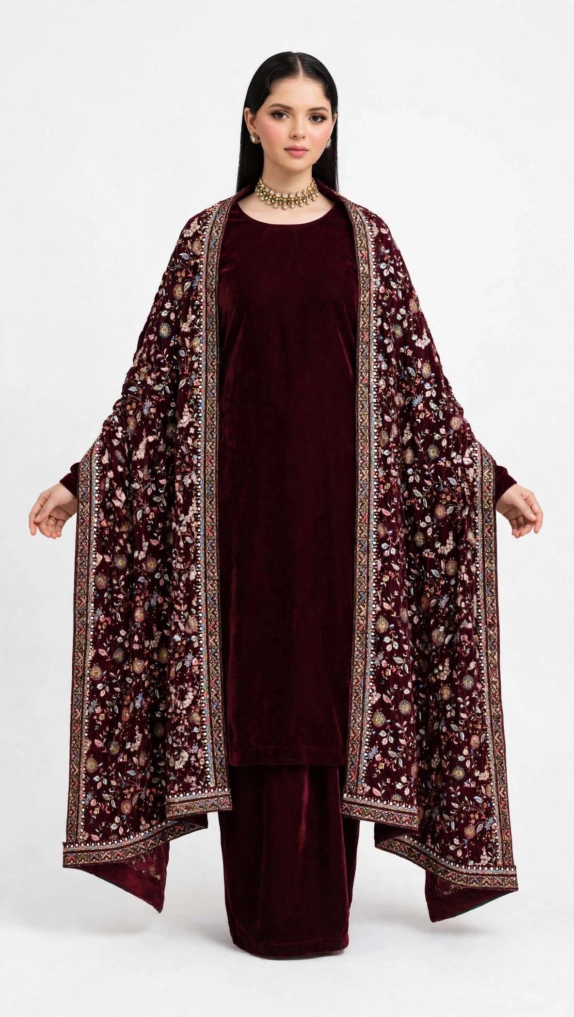 Raat Ki Rani - Burgundy Velvet Kalamkar Shawl Set