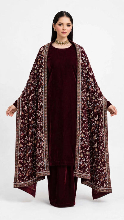 Raat Ki Rani - Burgundy Velvet Kalamkar Shawl Set