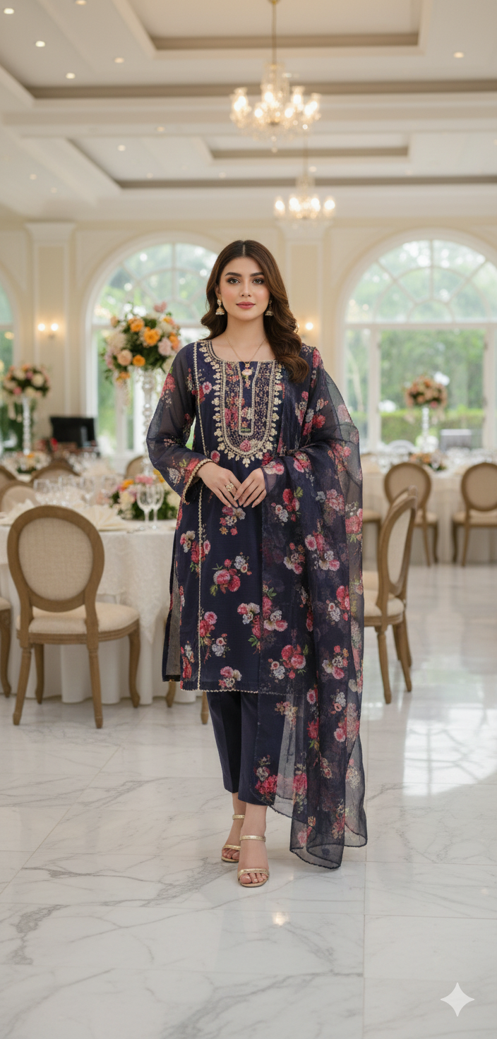 Exquisite Hand-Embroidered Organza & Paper Silk 3-Piece Suit Silk Ensemble