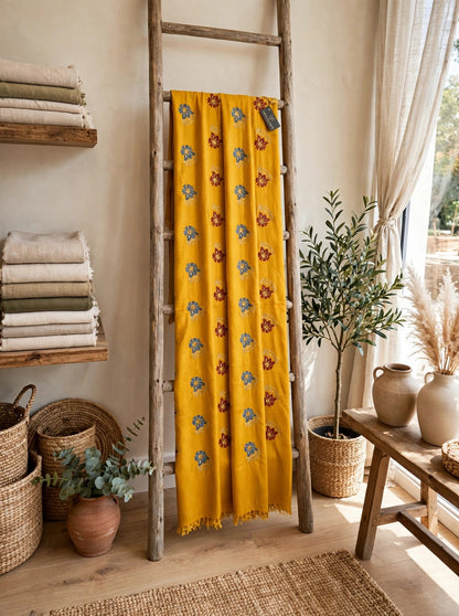 Mustard Bloom - Embroidered Pashmina Shawl with Floral Booti & Zari Border