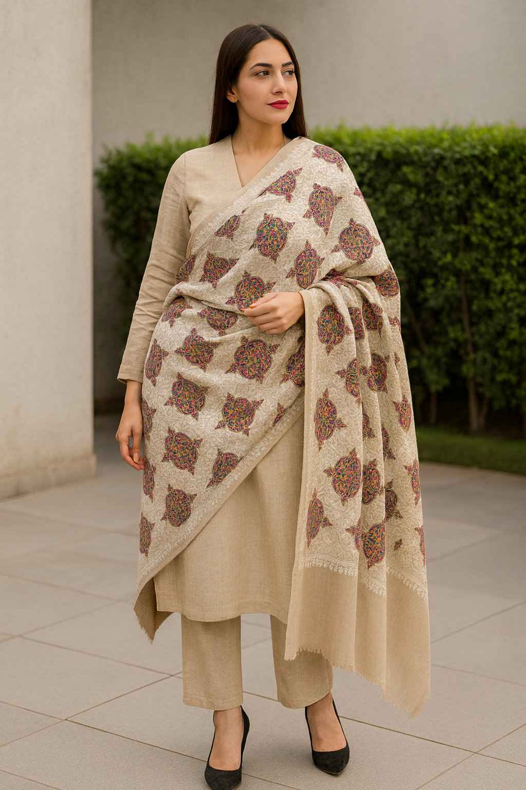 Luxury Pashmina Aari Embroidered Shawl  Ivory Beige with Multicolor